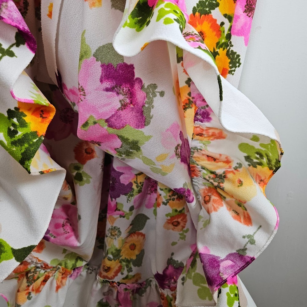 Vintage 70s Floral Maxi Dress Sleeveless S? Ruffle Neck White Pink Orange - Picture 7 of 11
